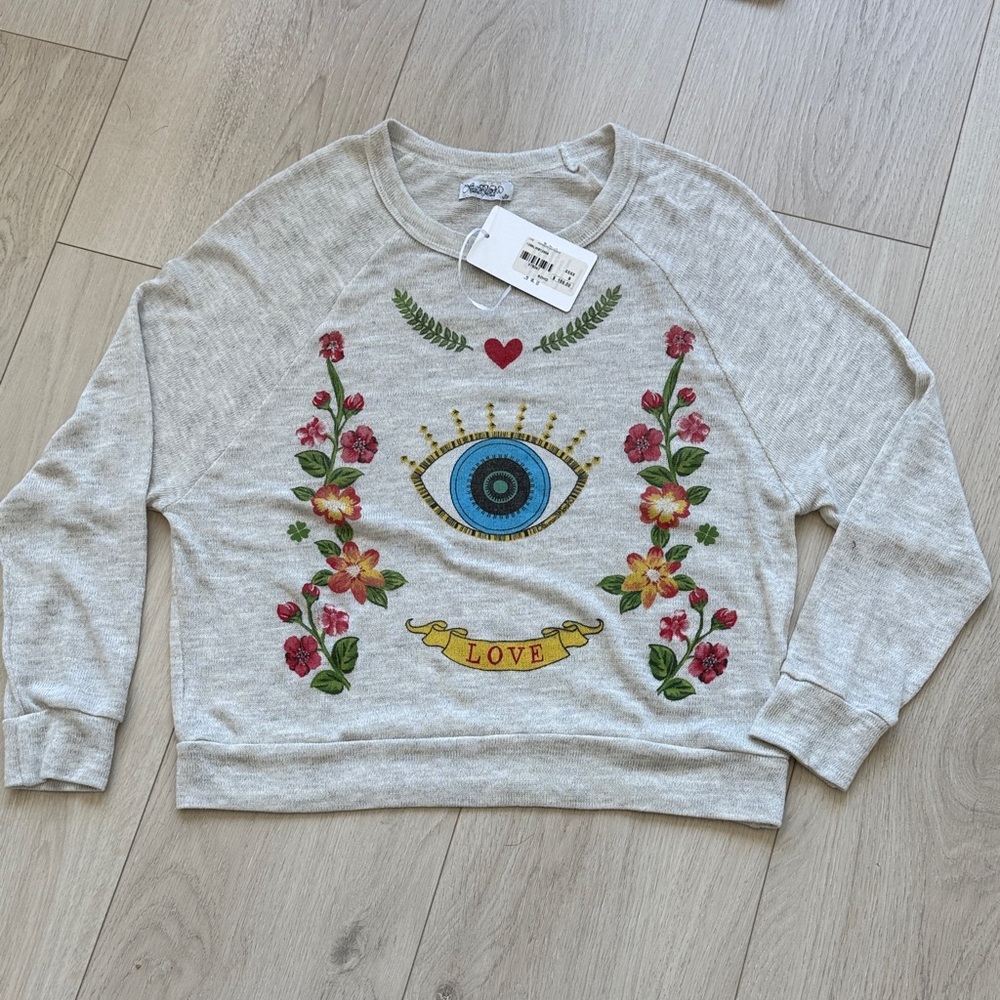 Lauren Moshi Gray Live Sweatshirt with Evil Eye and Floral Design